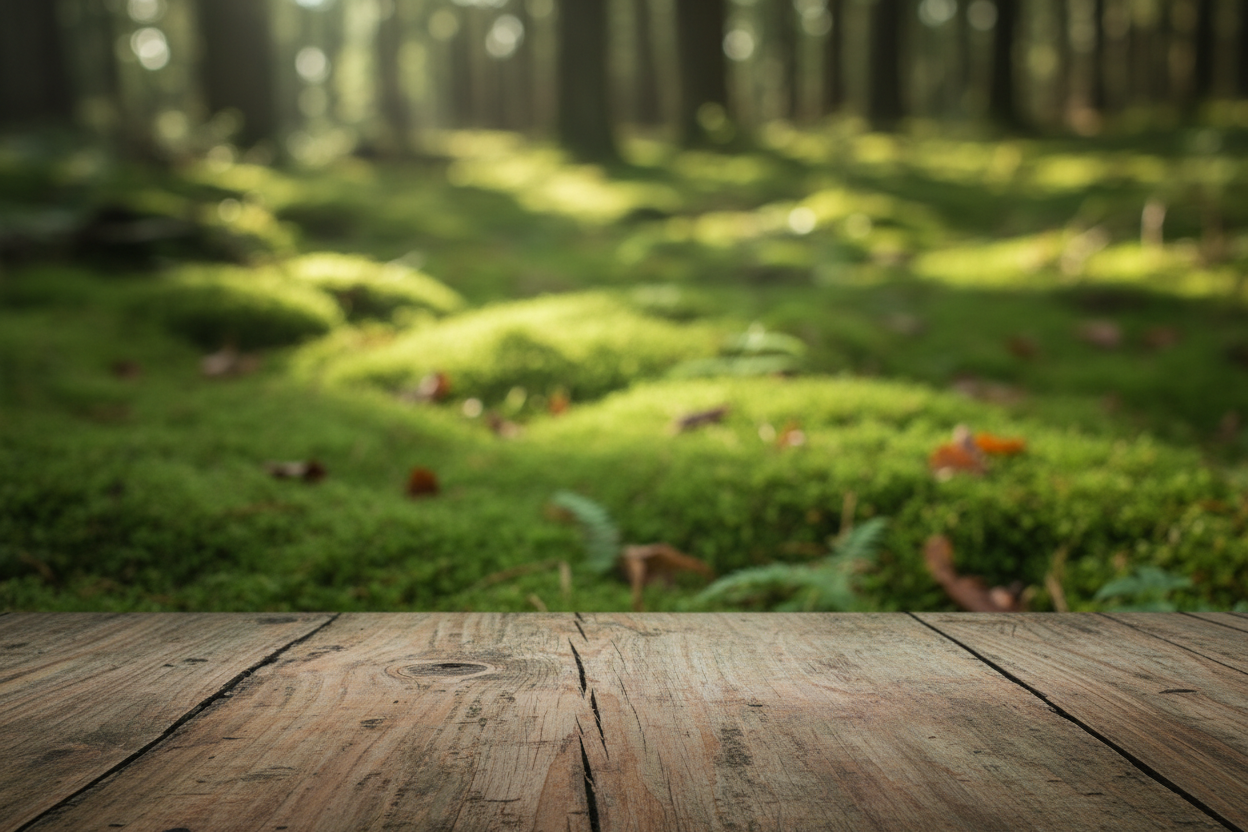 A high-quality product photography background. A Raw Wood surface that fades into a background of Blurred forest floor (moss). The lighting is Dappled Forest. Minimalist, elegant, and high resolution. No products, just the empty setting.