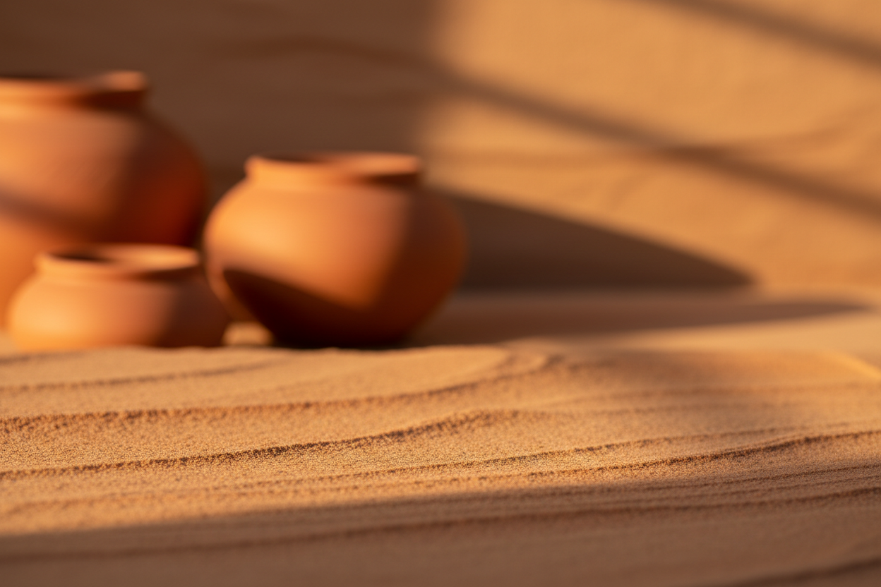 A high-quality product photography background. A Warm Sandstone surface that fades into a background of Blurred terracotta pottery. The lighting is Golden Hour. Minimalist, elegant, and high resolution. No products, just the empty setting.