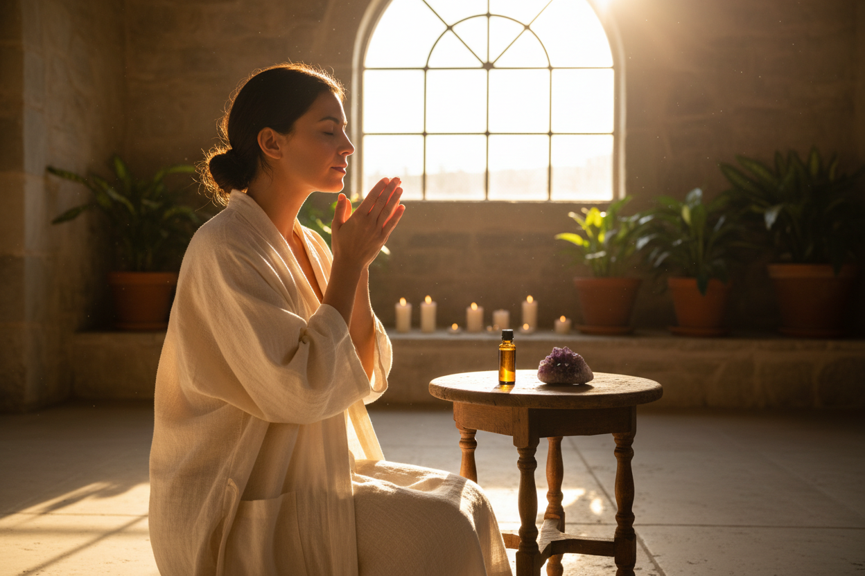 A medium shot of a person in a sunlit indoor sanctuary, with their eyes gently closed in a moment of calm. Their hands are cupped near their face, and they are taking a deep, slow breath, inhaling the aroma from their palms. A single 10ml amber glass roller bottle with a black cap sits upright on a small, rustic wooden table next to them, alongside a small amethyst crystal. The lighting is warm, golden hour light, creating a radiant, soft glow around them. Mood is sacred, peaceful, and deeply nurturing.