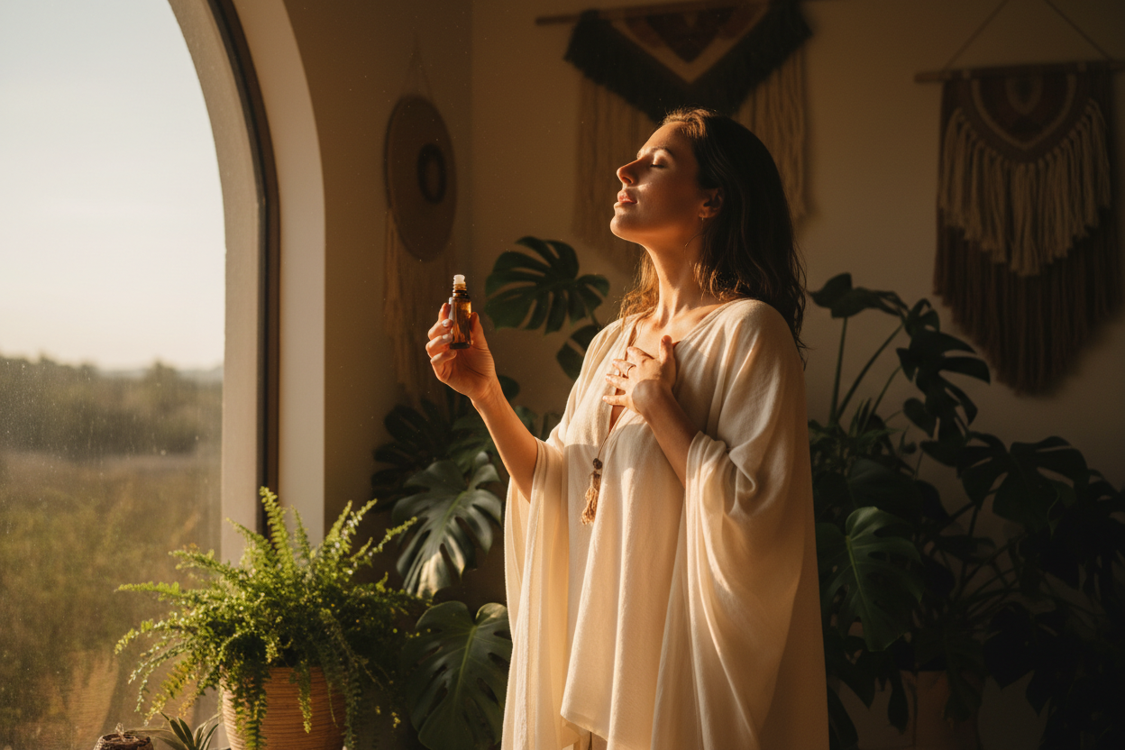 A medium shot of a person standing in a sunlit indoor sanctuary next to a large window. They are wearing flowing cream-colored fabric. They are holding an amber glass roller bottle in one hand, while the other hand is pressed gently over the center of their chest over the heart chakra. Their head is tilted slightly back, taking a deep, expansive breath. The background features lush potted plants and soft textures. The lighting is bright golden hour light creating a radiant, warm glow.