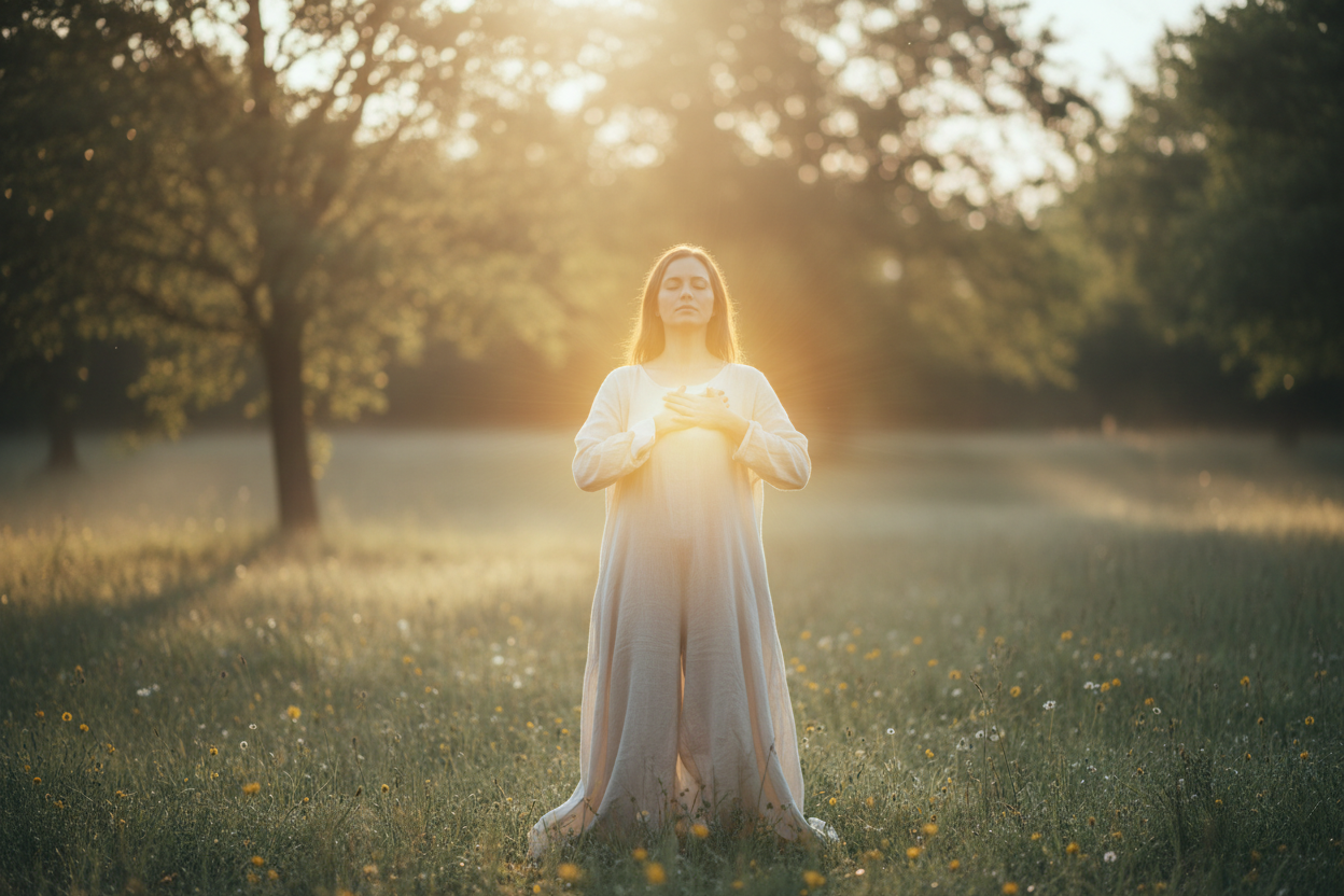 A person wearing soft cream clothing, with their hands gently pressed over the center of their chest (heart space) in a gesture of gratitude and care. A soft, warm golden glow radiates around their hands. Peaceful and nurturing.