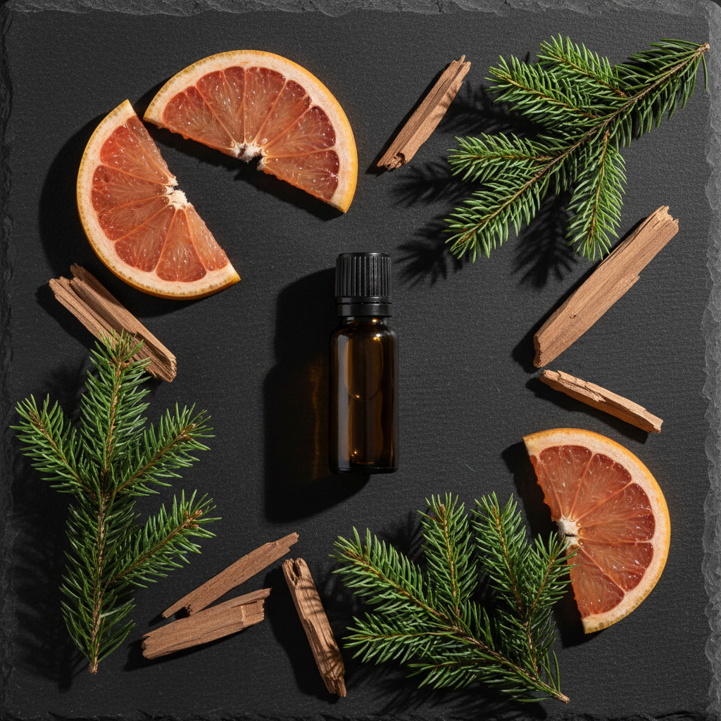 A professional product photography flat lay. A 10ml amber glass roller bottle with a black cap lying centrally on a Dark Slate surface. Surrounding the bottle are artfully arranged fresh botanical ingredients: Sandalwood chips, White Fir, Grapefruit. The lighting is Moody/Contrast and high-contrast to highlight the textures of the plants. 4k, photorealistic.