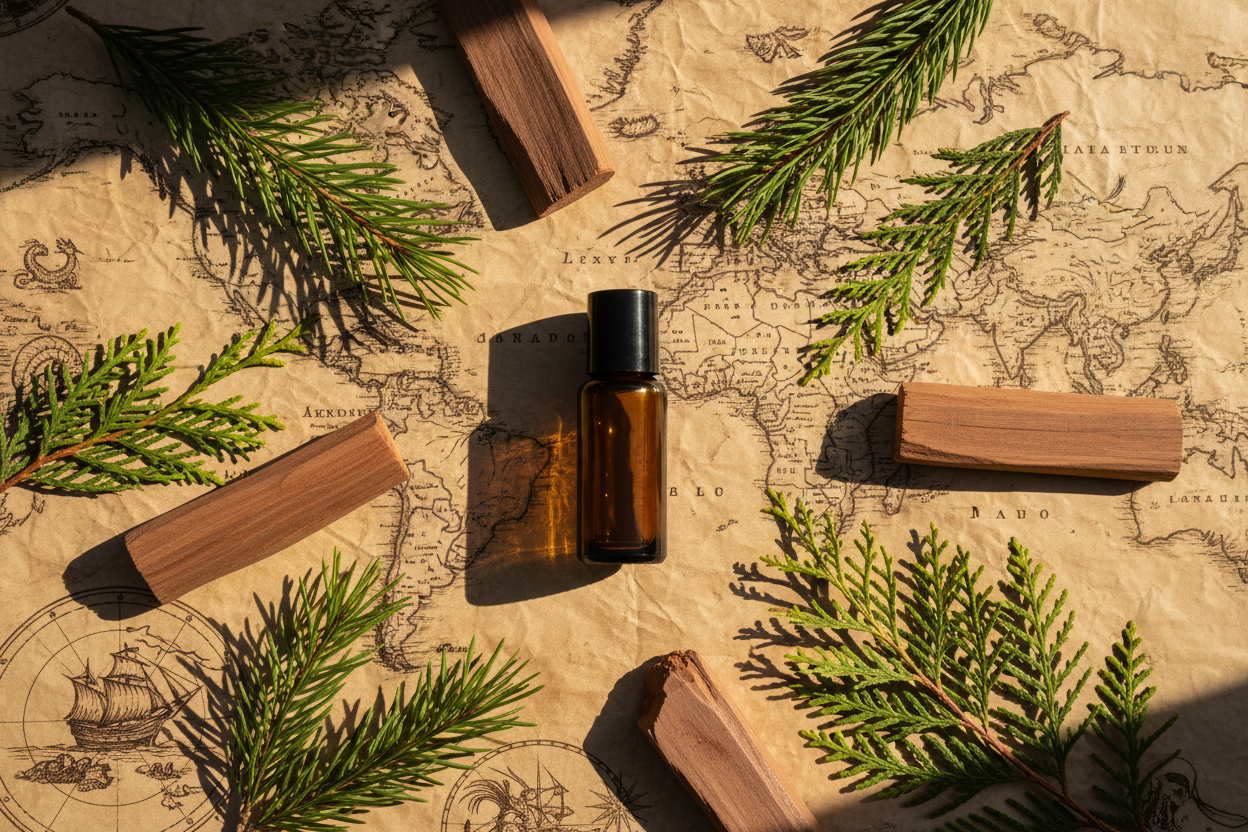 A professional product photography flat lay. A 10ml amber glass roller bottle with a black cap lying centrally on a Old Map/Paper surface. Surrounding the bottle are artfully arranged fresh botanical ingredients: Sandalwood, Pine needles, Cypress. The lighting is Golden Hour and high-contrast to highlight the textures of the plants. 4k, photorealistic.
