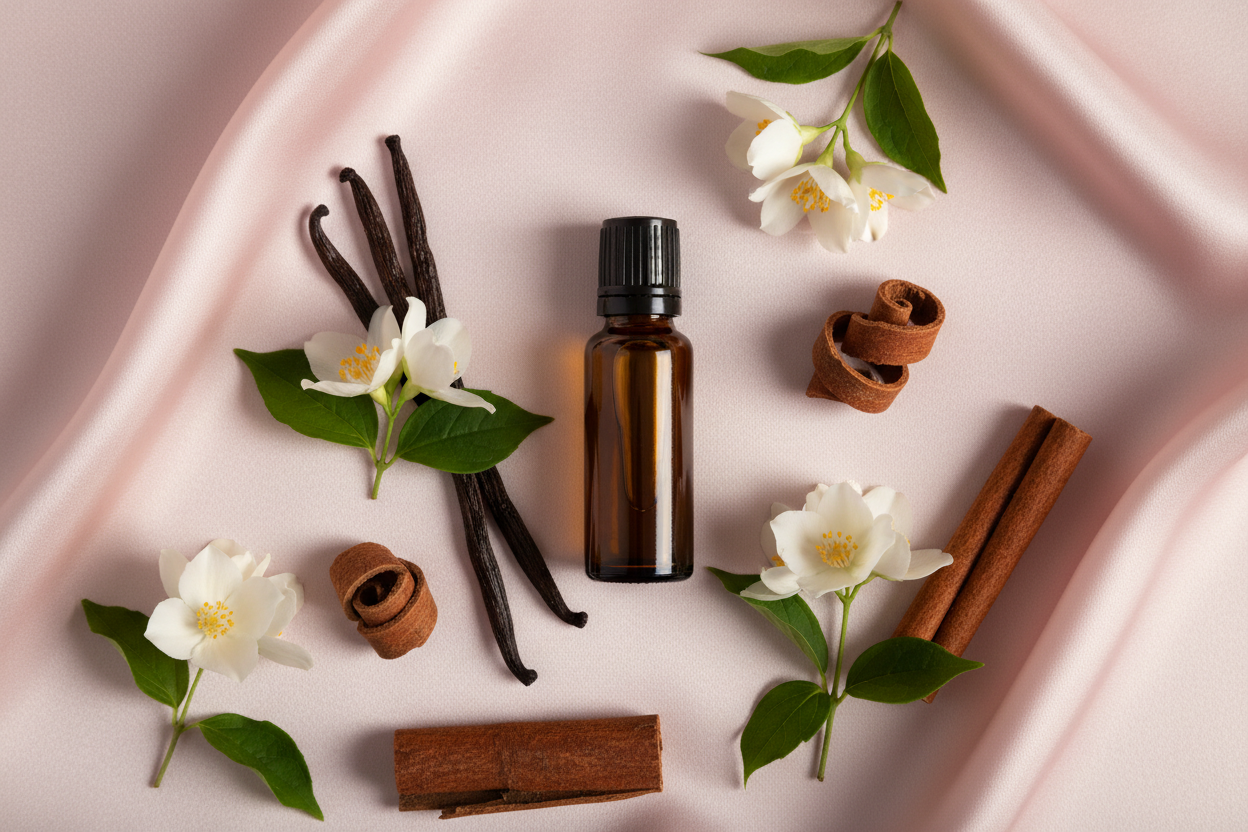 A professional product photography flat lay. A 10ml amber glass roller bottle with a black cap lying centrally on a Pink Silk surface. Surrounding the bottle are artfully arranged fresh botanical ingredients: Vanilla, Jasmine flowers, Cinnamon bark. The lighting is Soft Diffused and high-contrast to highlight the textures of the plants. 4k, photorealistic.