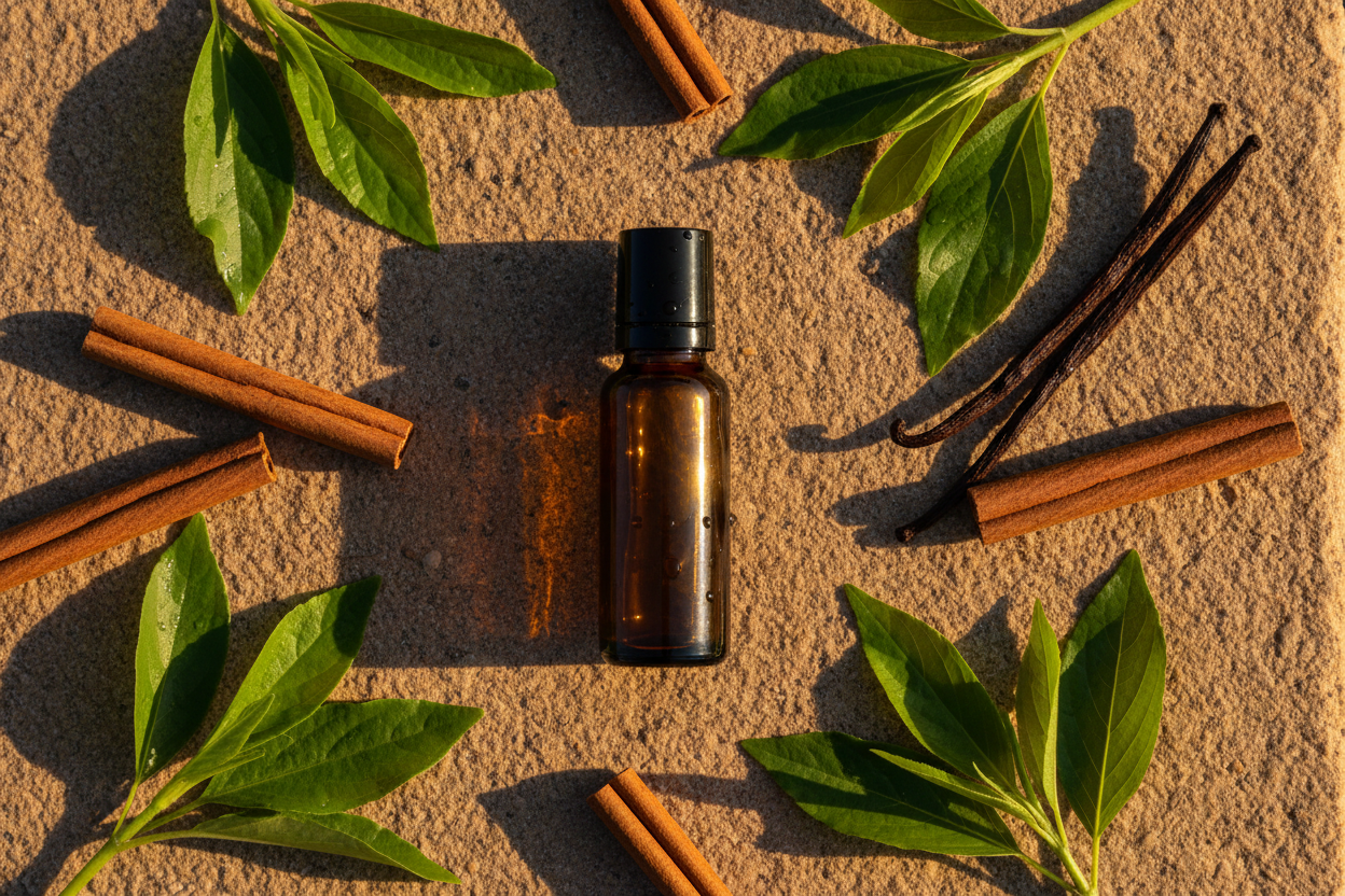 A professional product photography flat lay. A 10ml amber glass roller bottle with a black cap lying centrally on a Warm Sandstone surface. Surrounding the bottle are artfully arranged fresh botanical ingredients: Patchouli leaves, Vanilla pods, Cinnamon sticks. The lighting is Golden Hour and high-contrast to highlight the textures of the plants. 4k, photorealistic.