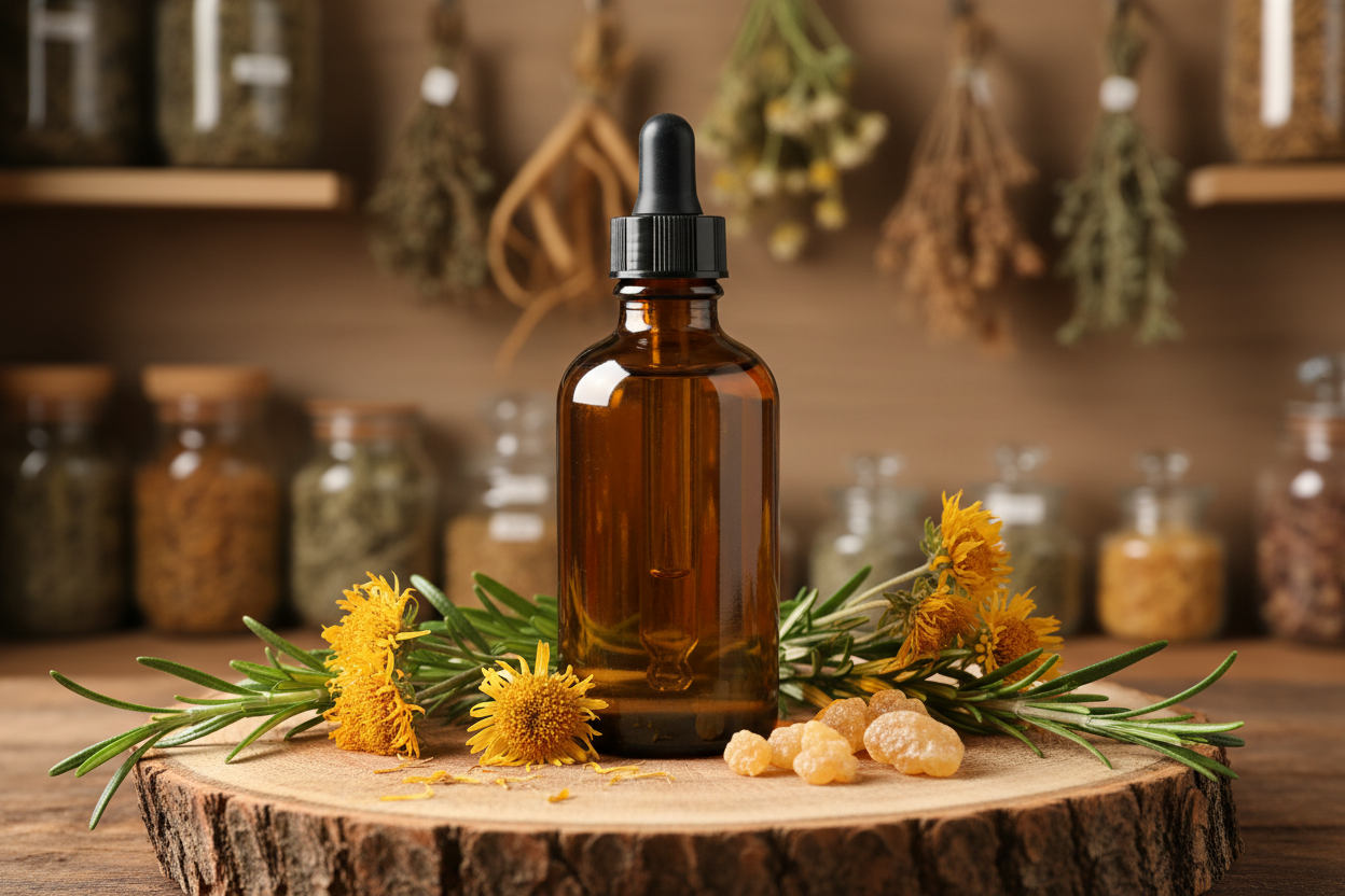 A rustic, organic photograph of a larger amber glass dropper bottle filled with golden oil, sitting on a slice of raw wood. It is surrounded by fresh botanical ingredients: sprigs of rosemary, dried arnica flowers, and frankincense resin tears. The background is a soft-focus herbal apothecary shelf with jars and dried plants. Natural, soft daylight.