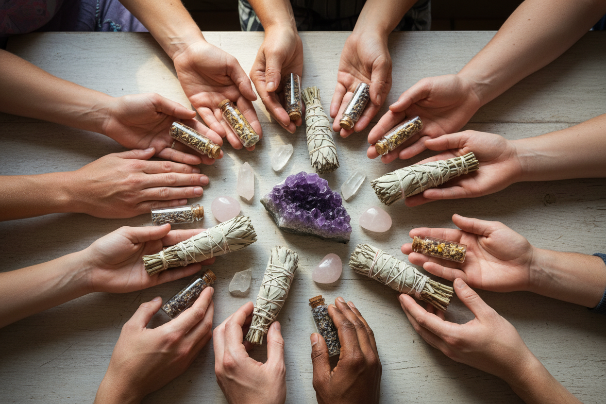 A top-down view of a circle of diverse hands reaching into the center, holding various crystals, sage bundles, and small herbal vials. A symbol of unity and shared journey. Natural lighting.