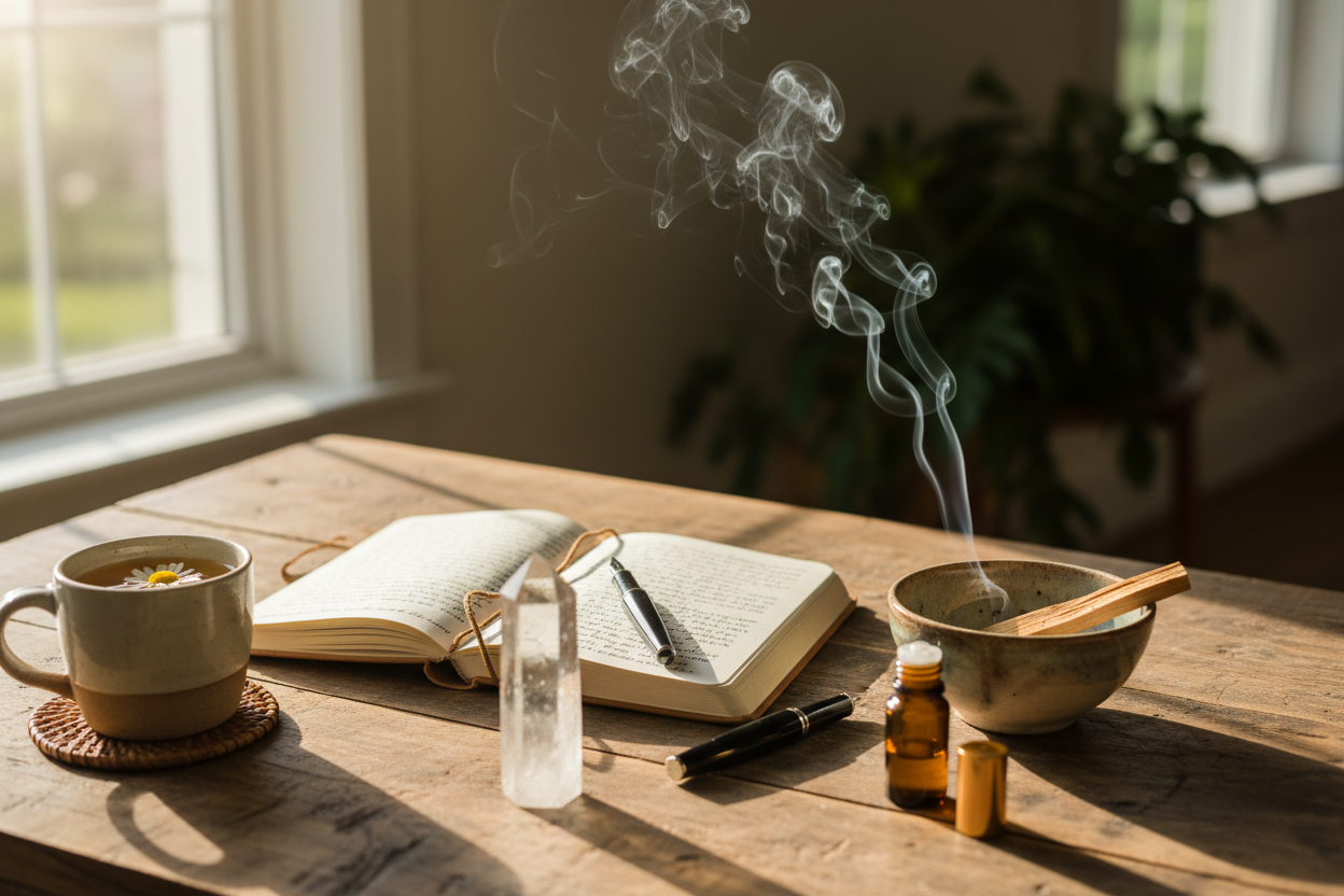 A warm, inviting lifestyle photograph of a personal morning ritual altar on a wooden table. The scene includes an open journal with handwritten pages and a pen, a burning palo santo stick in a ceramic bowl with wisps of smoke, a small amber roller bottle, and a clear quartz crystal point. A cup of herbal tea sits nearby. The lighting is soft, natural morning light from a window. The feeling is grounded, intentional, and peaceful.