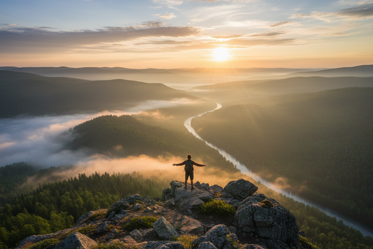A wide, awe-inspiring landscape photograph of a single person standing on a high mountain viewpoint overlooking a vast, lush river valley filled with morning mist. The sun is just rising, casting warm golden light across the scene. The person is looking out at the horizon. The feeling is hope, deep connection to the earth, and spiritual harmony. Photorealistic.