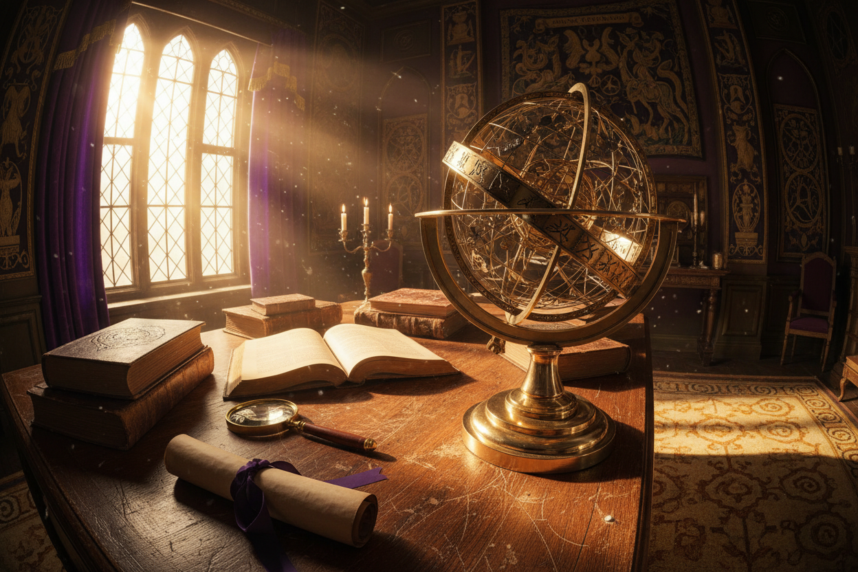 A wide, cinematic photograph of an antique brass armillary sphere (celestial globe) sitting on a large, old wooden desk. It is surrounded by open, leather-bound books, a magnifying glass, and a rolled-up parchment scroll. A beam of warm, golden sunlight streams through a large window, illuminating dust motes in the air. The room is filled with deep purple and gold accents. The vibe is mystical, scholarly, and ancient.