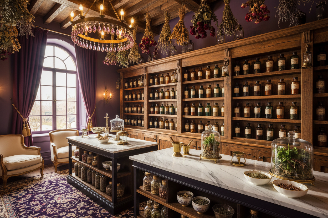 A wide cinematic shot of a beautiful apothecary interior. Rustic wooden shelves filled with amber bottles and dried herbs blend seamlessly with clean modern marble counters. Sunlight streams through a window. Welcoming atmosphere. Deep purple, cream, and gold accents. Photorealistic.