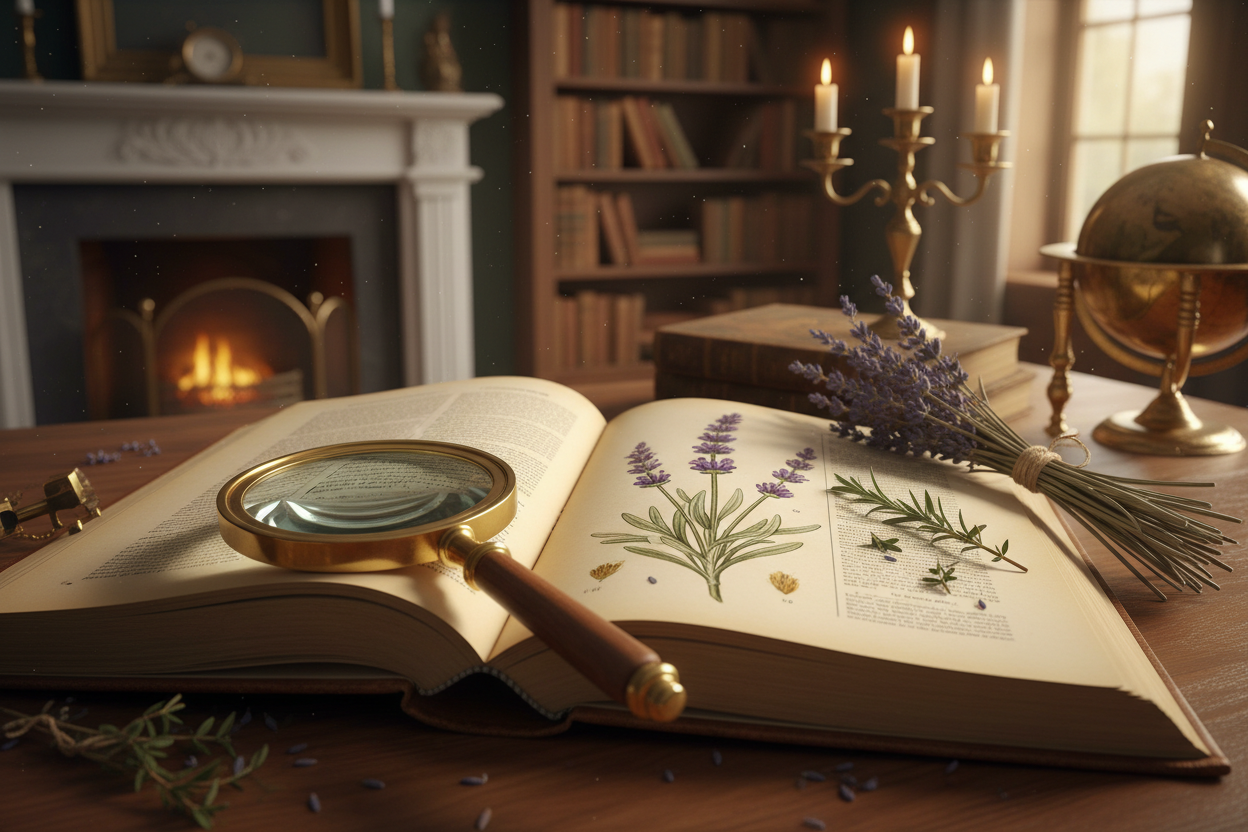 An antique botanical textbook lies open to a beautiful illustration of a lavender plant. A magnifying glass and dried herbs rest on the pages. The lighting is warm library light. Scholarly and magical vibe.
