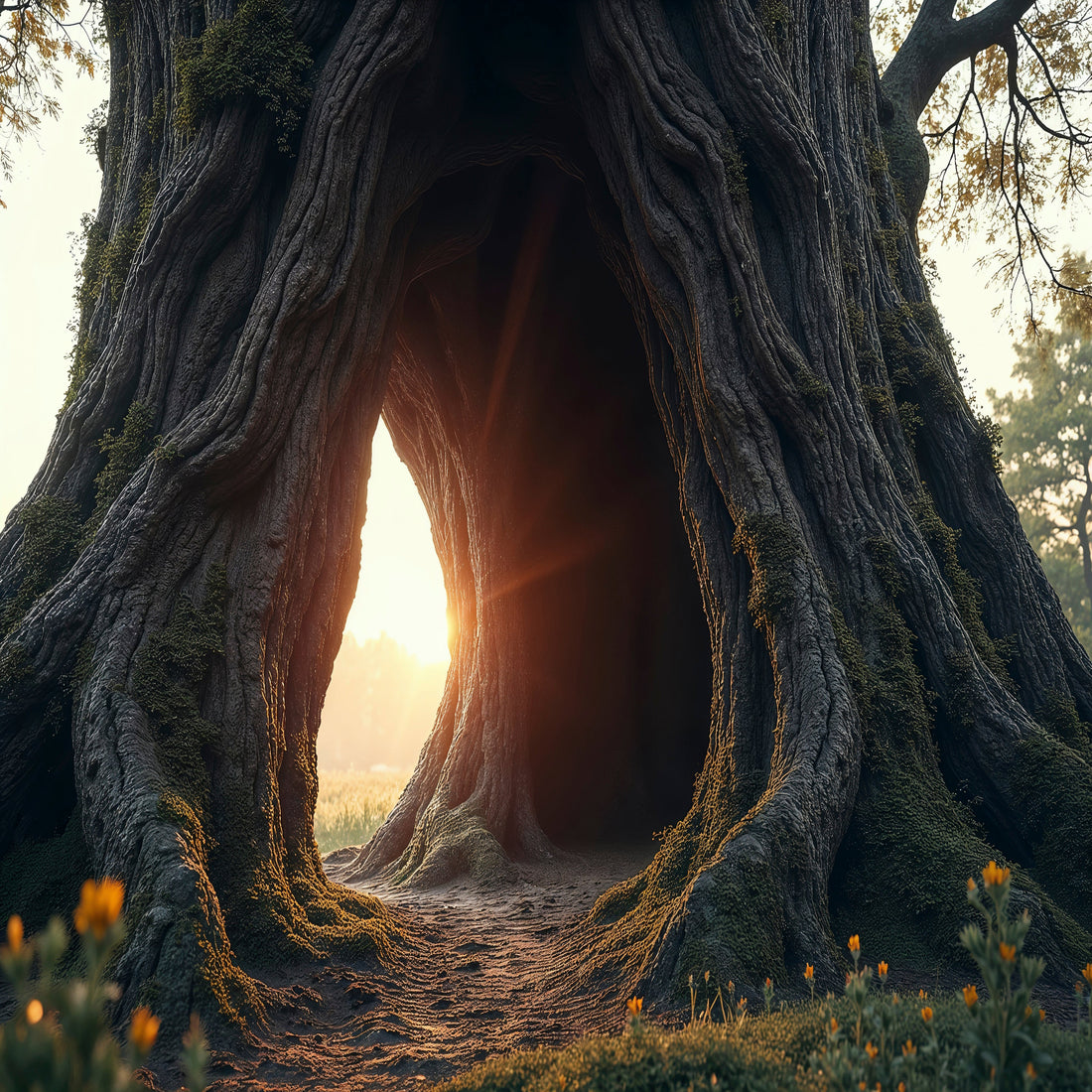 Sunlight filtering through a large tree with a natural archway