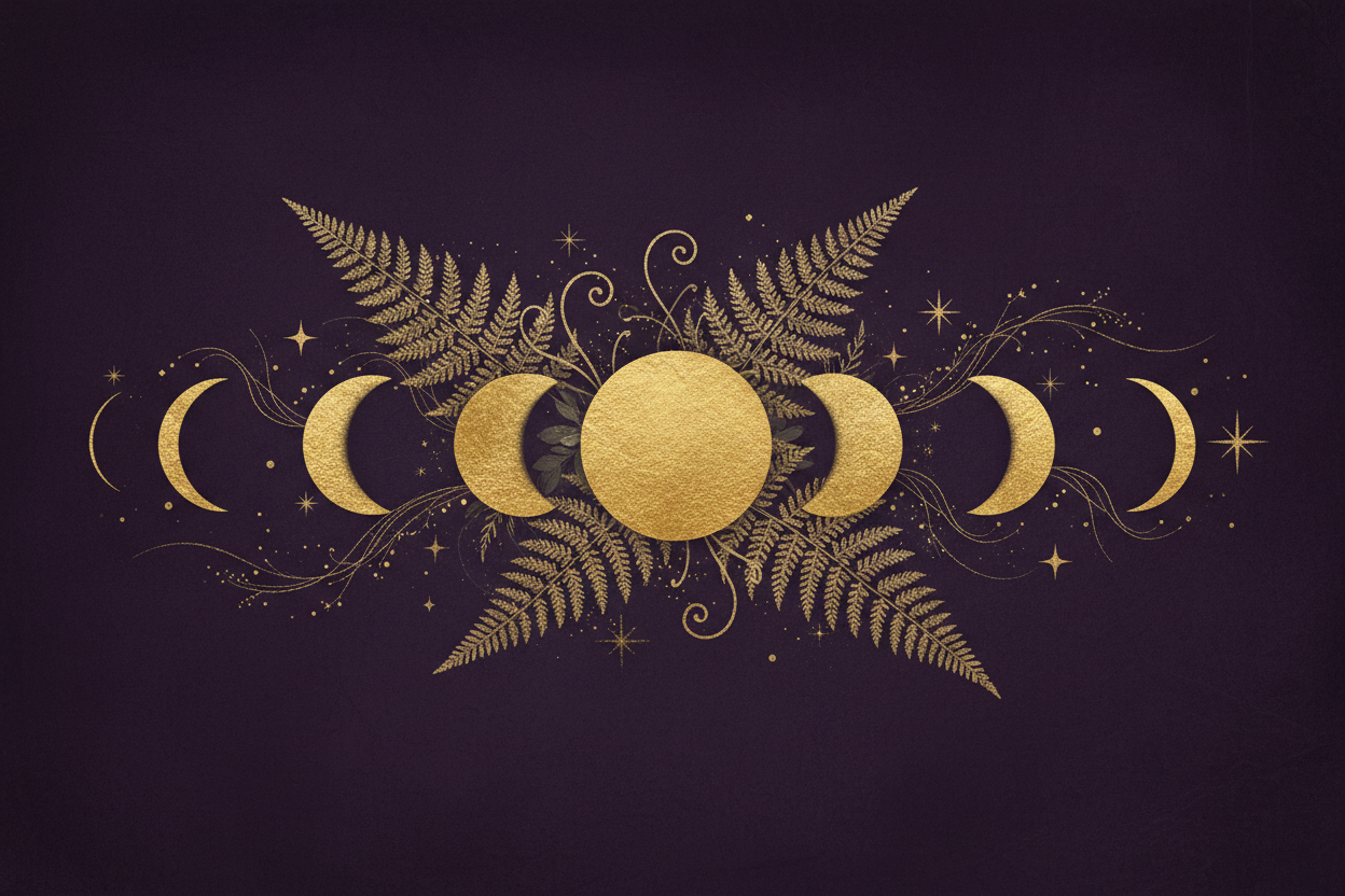 Artistic composition of the phases of the moon illustrated in gold foil on a dark purple background, intermingled with real fern leaves and botanical vines. Magical, celestial, and organic style.