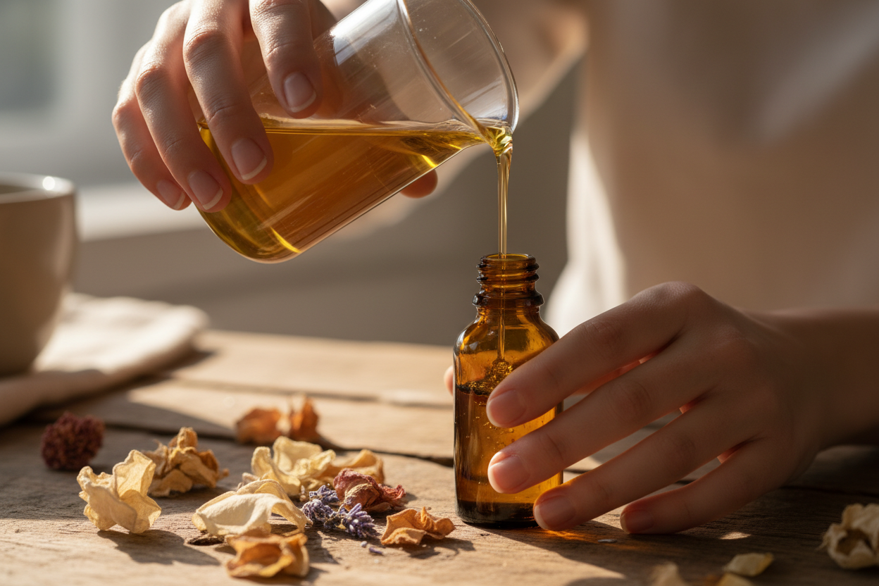 Close-up of hands pouring golden oil from a glass beaker into a small amber bottle. Surrounded by scattered dried flower petals on a wooden table. Warm, artisan atmosphere. Focus on craftsmanship. Golden lighting.