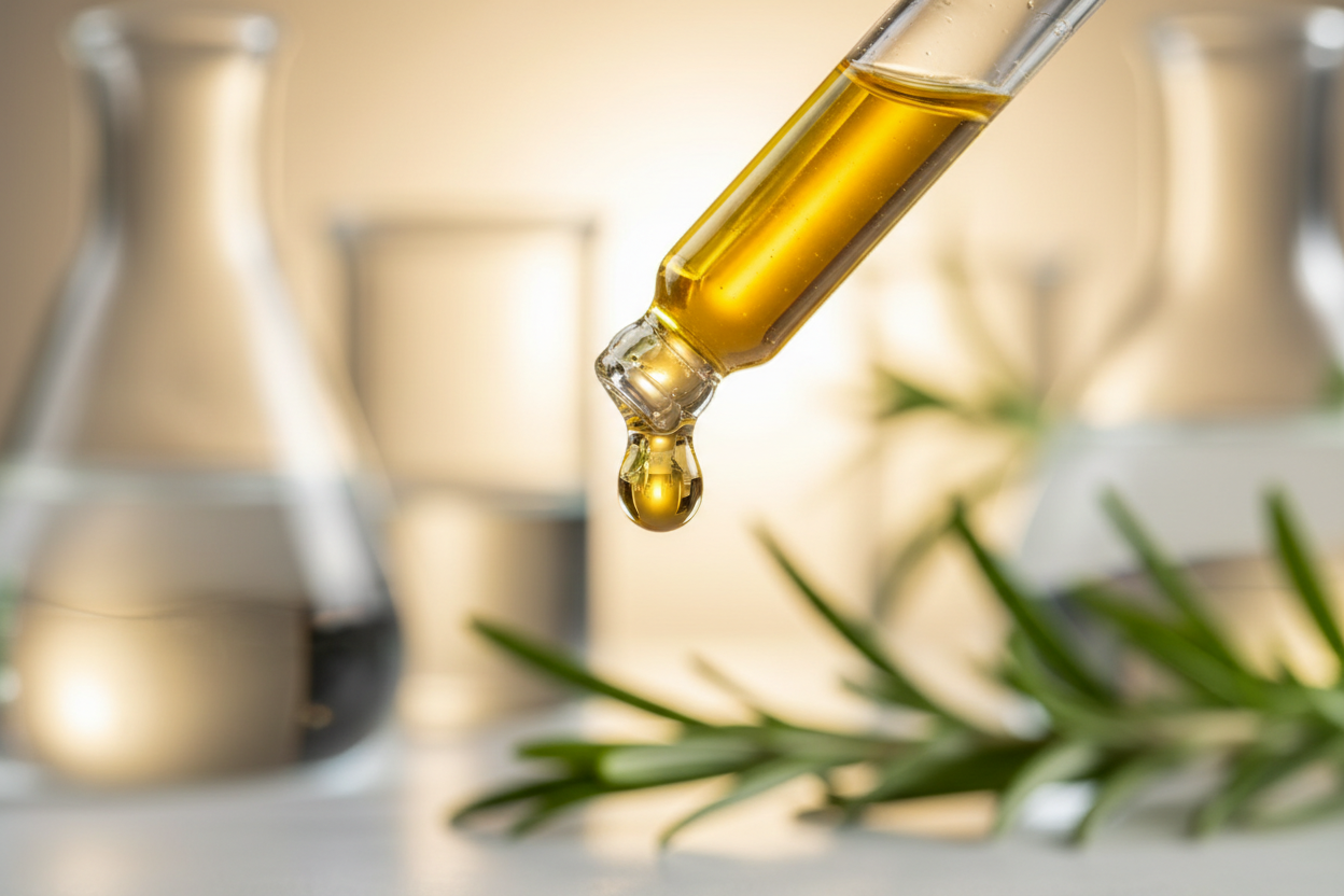 Macro shot of a single drop of golden essential oil falling from a glass dropper, backlit by warm sun. Crisp focus. Background of blurred pristine laboratory glass and fresh green leaves. Symbolizes purity and quality.