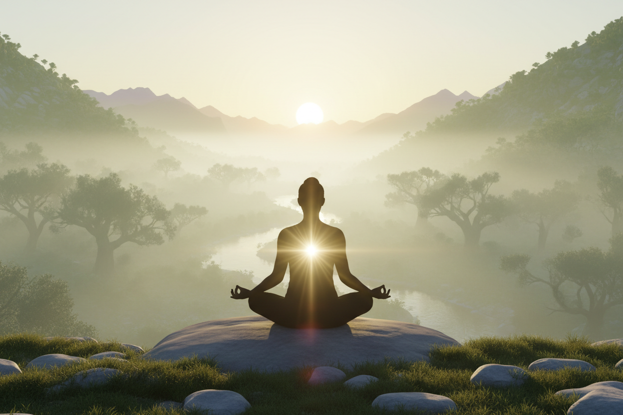 Silhouette of a person meditating in a peaceful nature setting at sunrise. Soft radiant light glows from their heart center. Serene, balanced, and healing atmosphere. Soft cream, gold, and sage green tones.